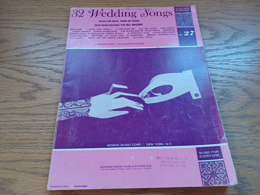 32 Wedding Songs Solos For Voice Piano Or Organ Nat Korn 1959