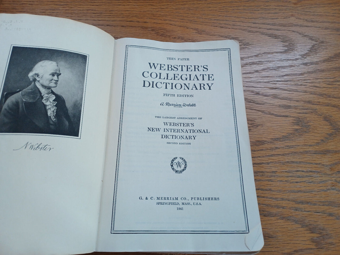 Webster'S Collegiate Dictionary 5Th Edition Thin Paper 1941