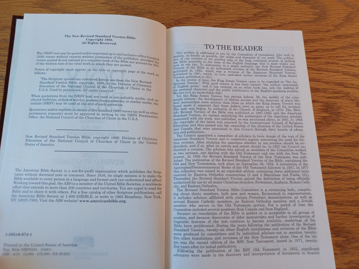 Holy Bible New Revised Standard Version American Bible Society Hardcover R
