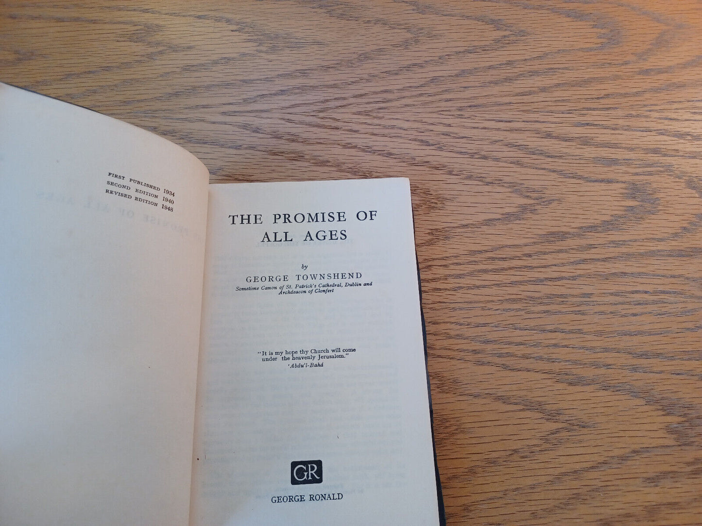 The Promise Of All Ages George Townshend 1948 Paperback George Ronald