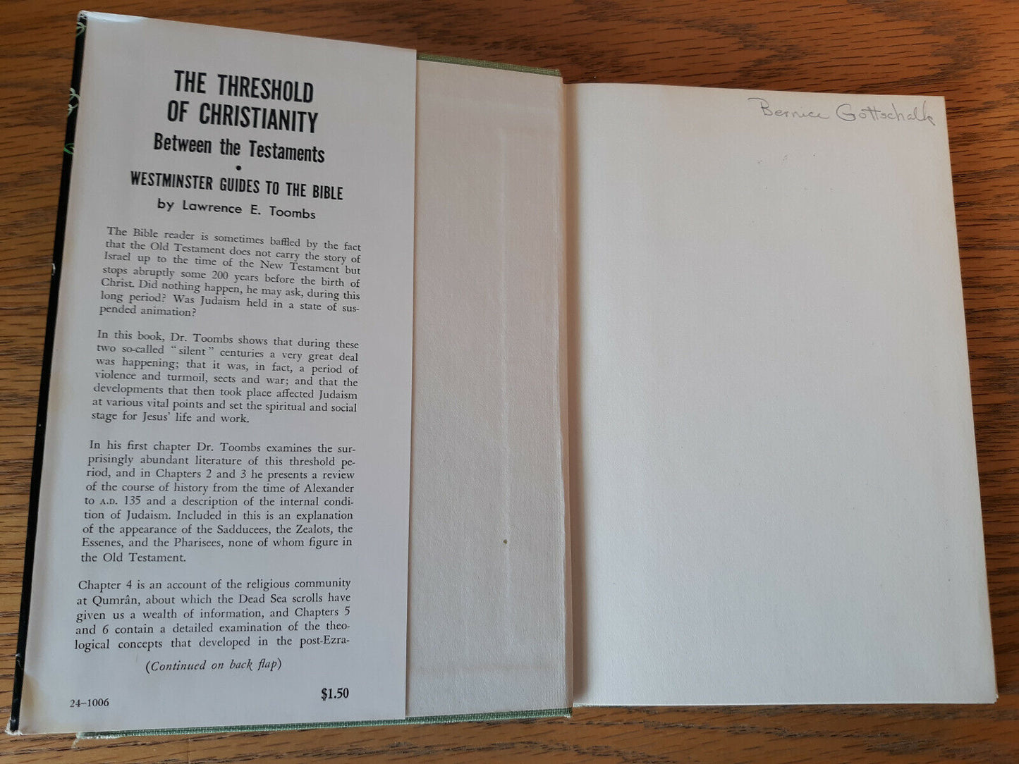 The Threshold Of Christianity Lawrence E Toombs 1960 Hardcover Dust Jacket