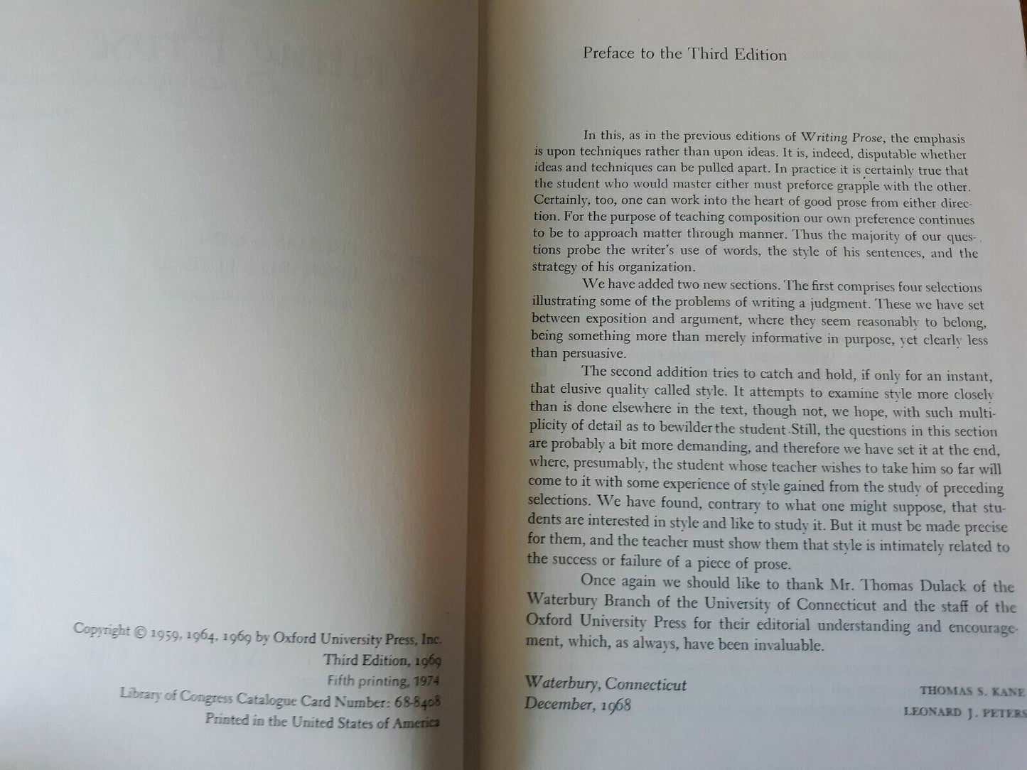 Writing Prose Techniques And Purposes Kane Peters 1974 3rd Edition