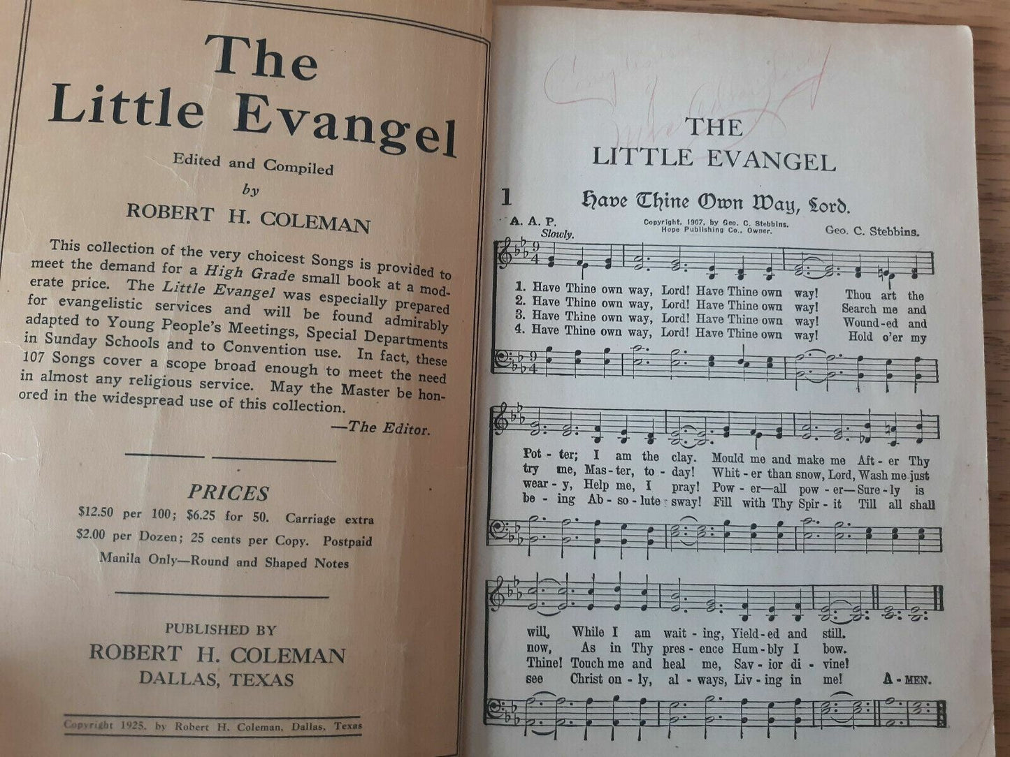 The Little Evangel By Robert Coleman 1925 Hymnal