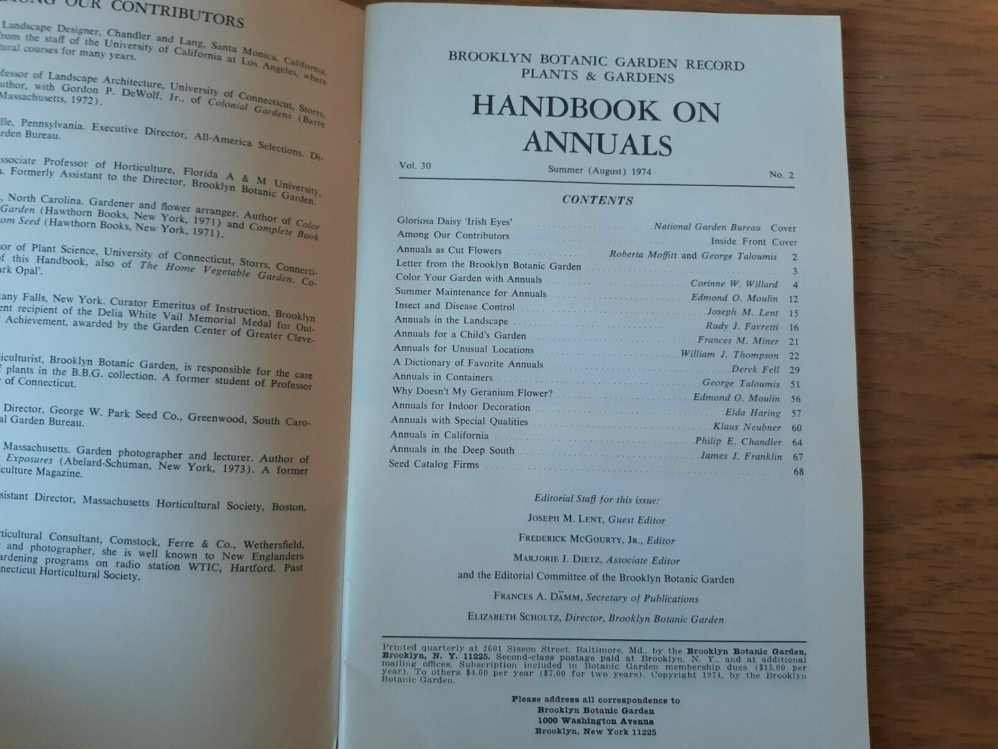 A Handbook On Annuals 1974 Brooklyn Botanic Garden Record Plants & Gardens