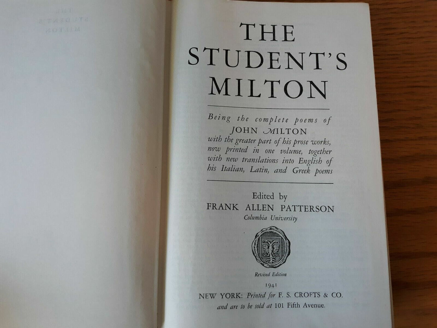 The Student's Milton Edited by Frank Allen Patterson Revised Edition HC 1941