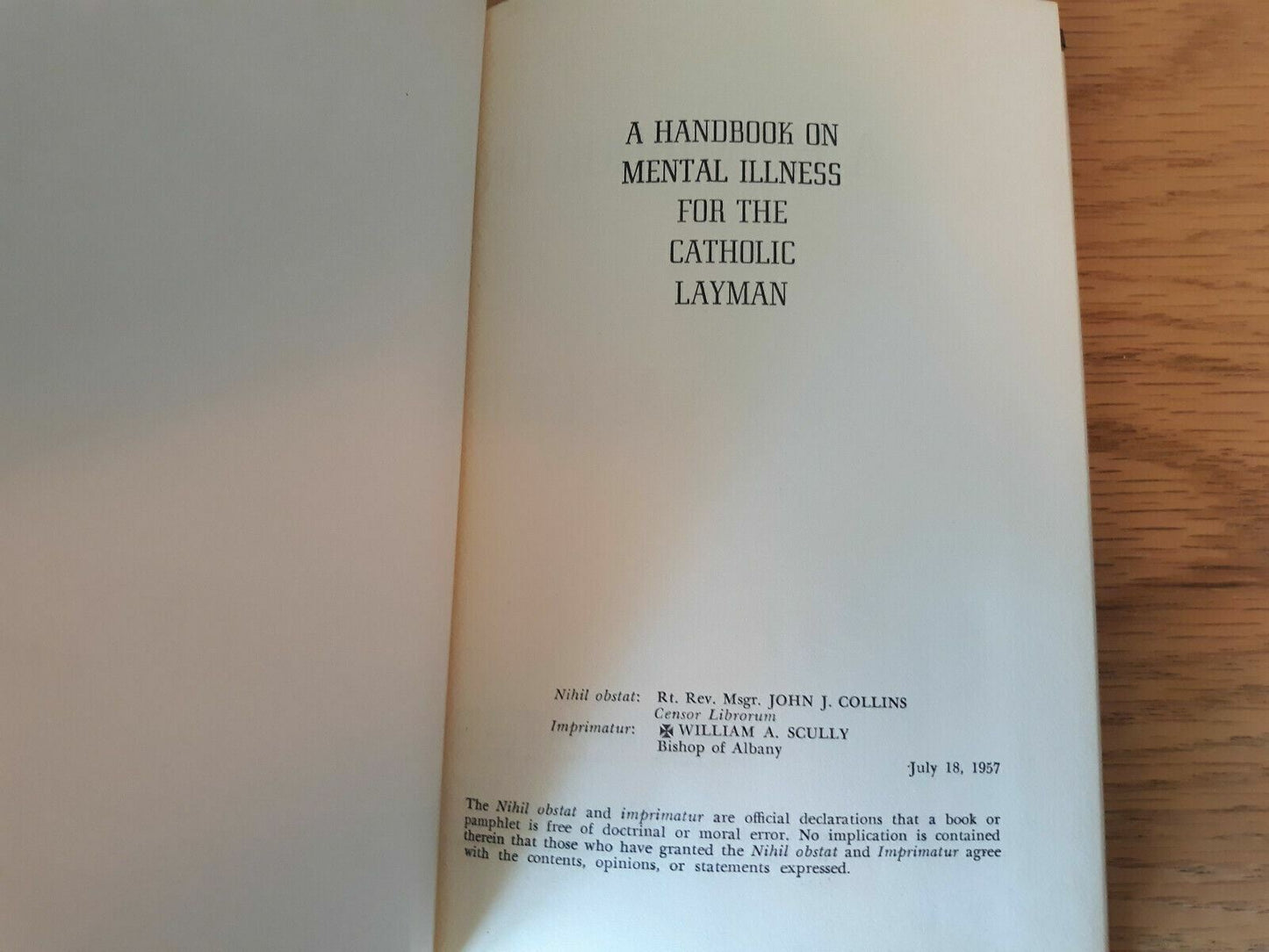 A Handbook on Mental Illness for the Catholic Layman Shea 1958 First Ed HC/DJ