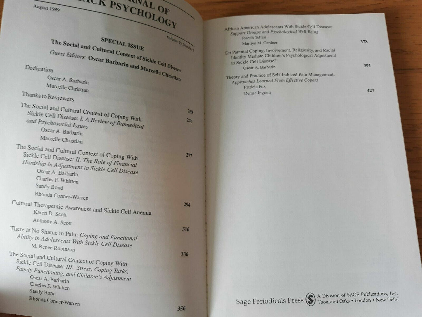 The Journal of Black Psychology Vol. 25 No. 3 1999 Paperback