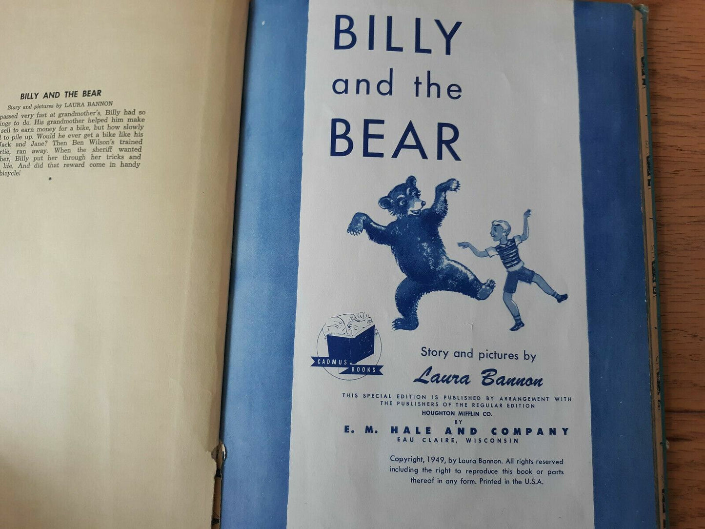 Vintage Billy and The Bear by Laura Bannon 1949 Hardcover E M Hale