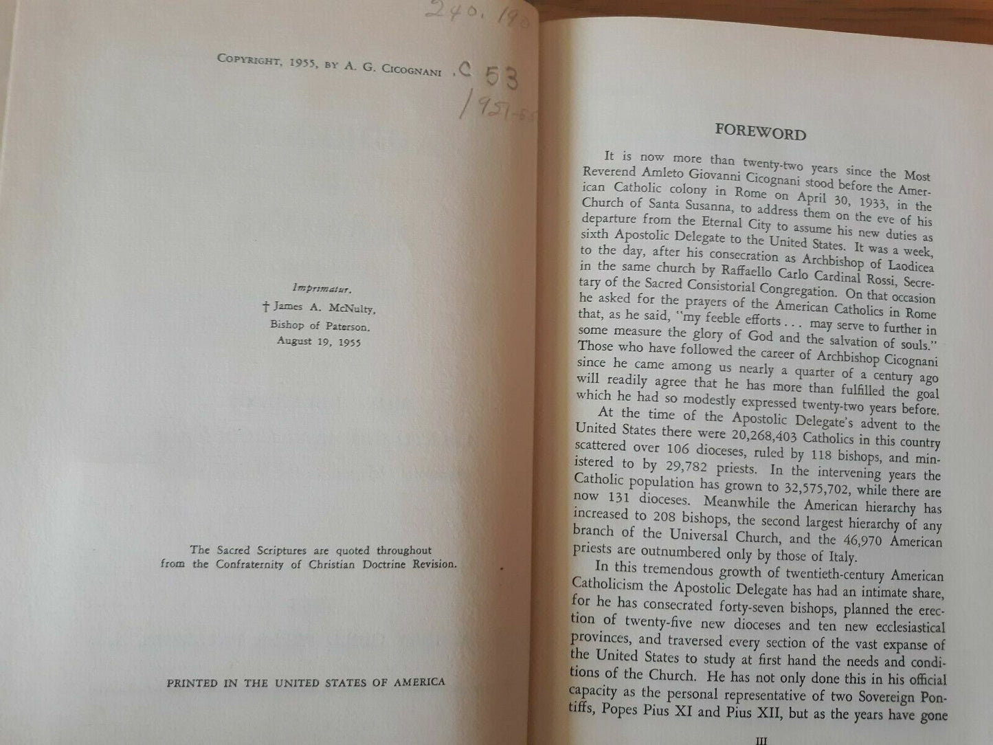 Addresses and Sermons (1951-1955) by Cicognani, Amleto G. 1955 Hardcover