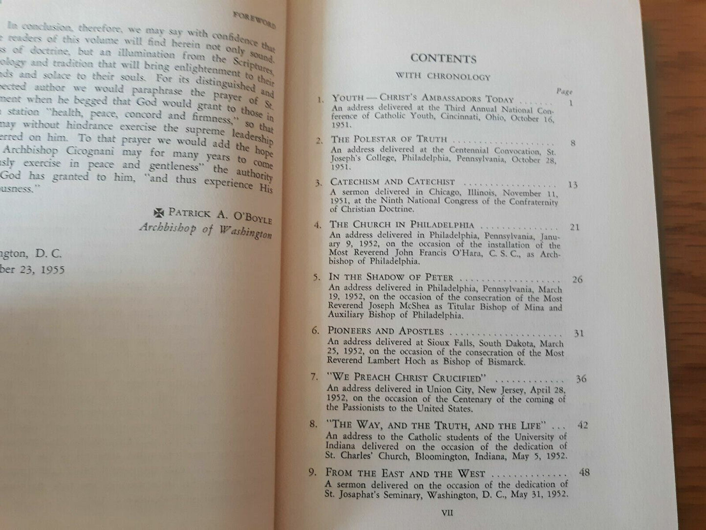 Addresses and Sermons (1951-1955) by Cicognani, Amleto G. 1955 Hardcover