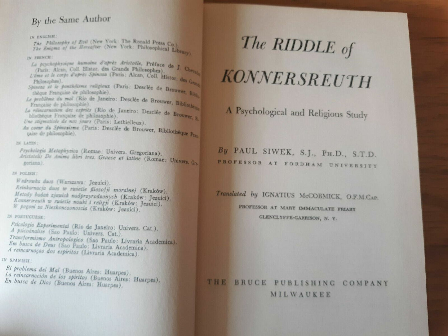 The Riddle of Konnersreuth A Psychological and Religious Study HC/DJ Paul Siwek