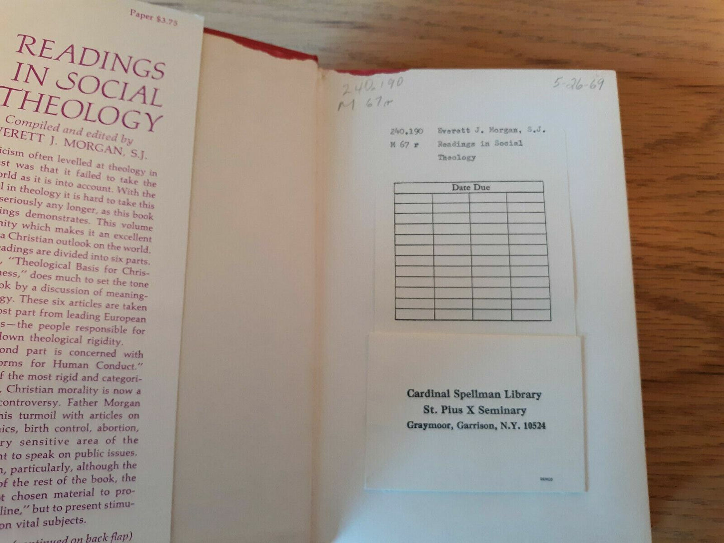 Vintage 1969 Readings In Social Theology Book Everett J. Morgan S.J.