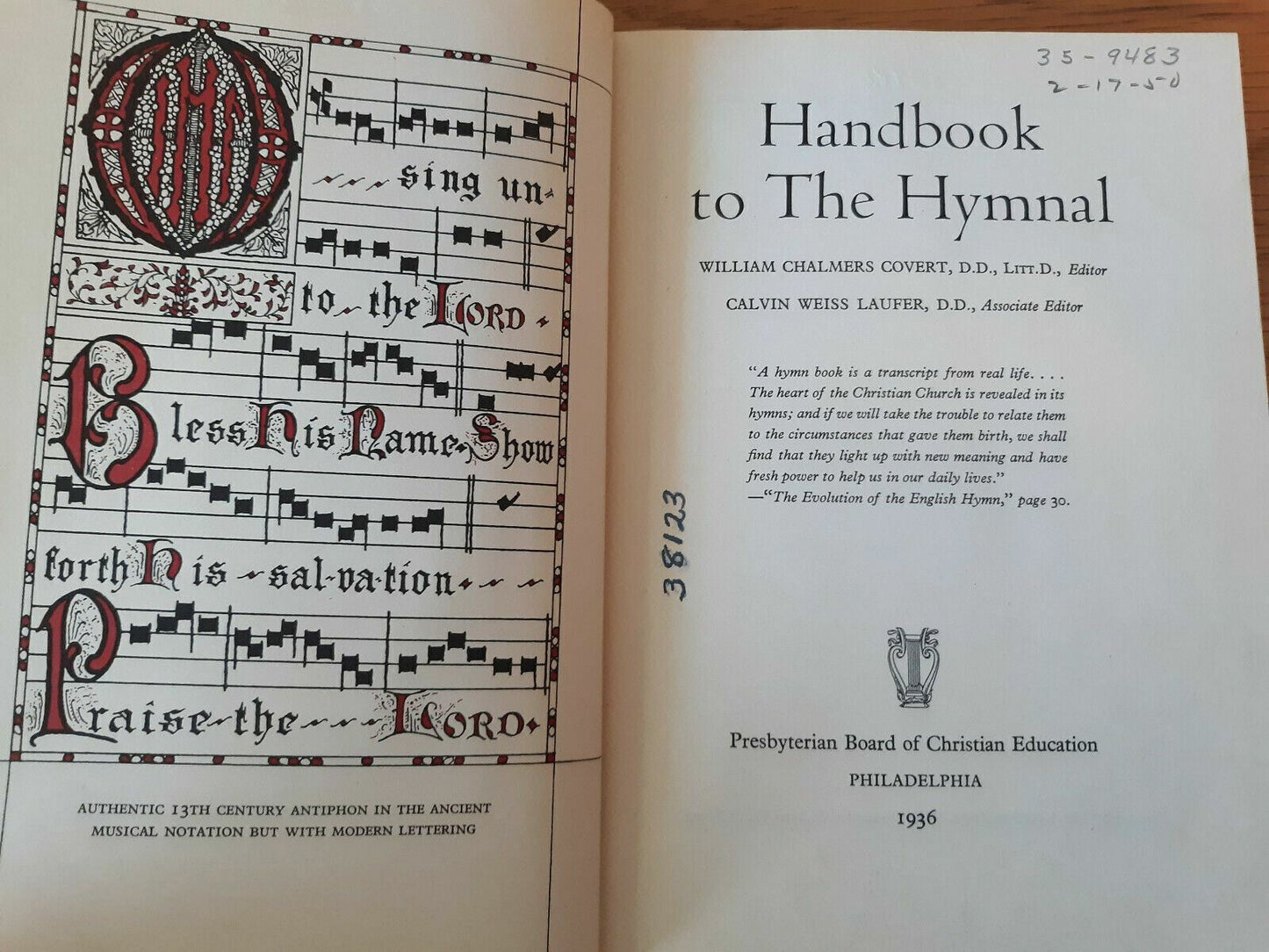 A HANDBOOK TO THE HYMNAL, William Covert & Calvin Weiss Laufer, eds. - 1936 -