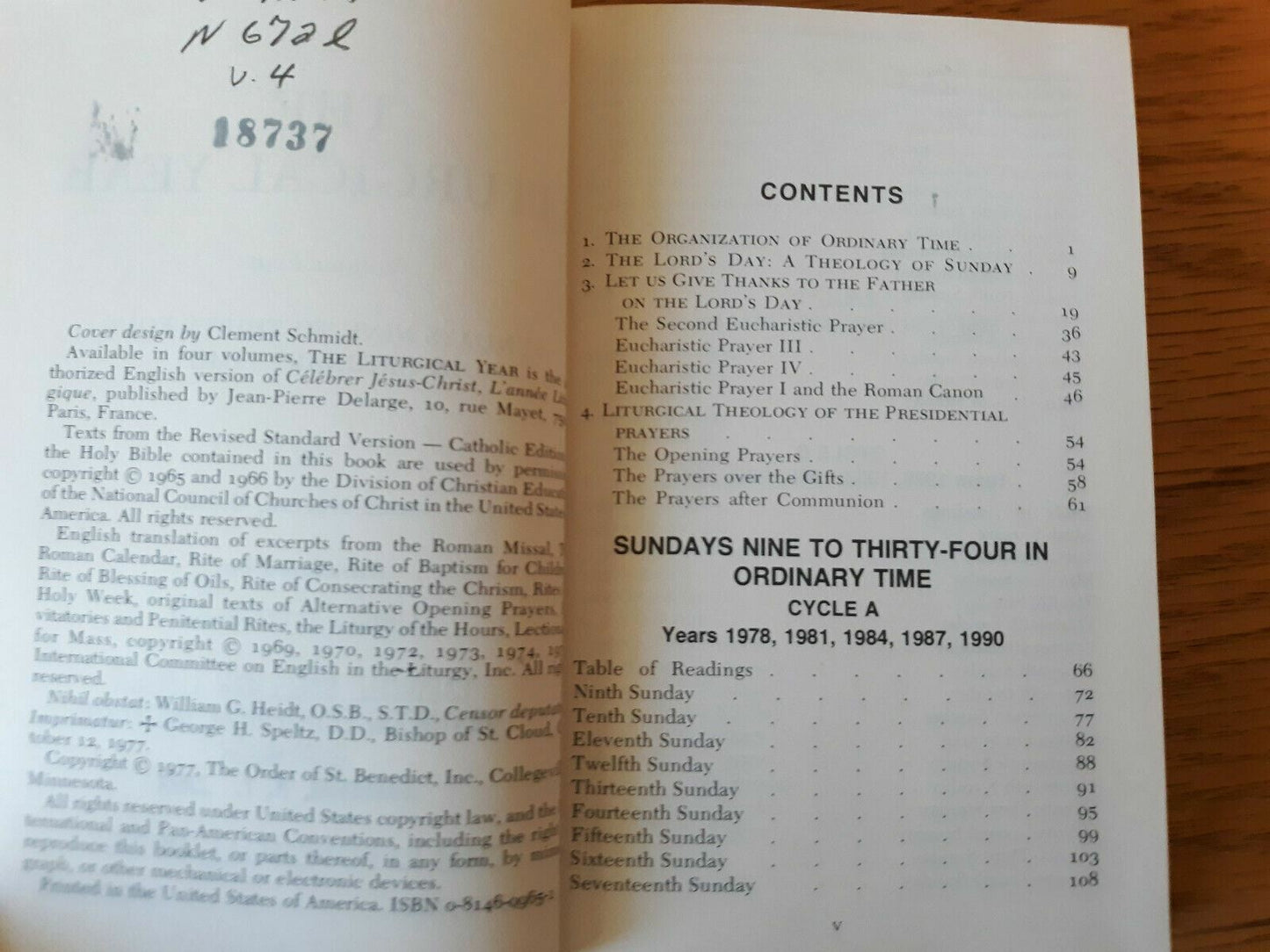 The Liturgical Year Vol. 4 Sundays Nine to Thirty-Four in Ordinary Time 1977