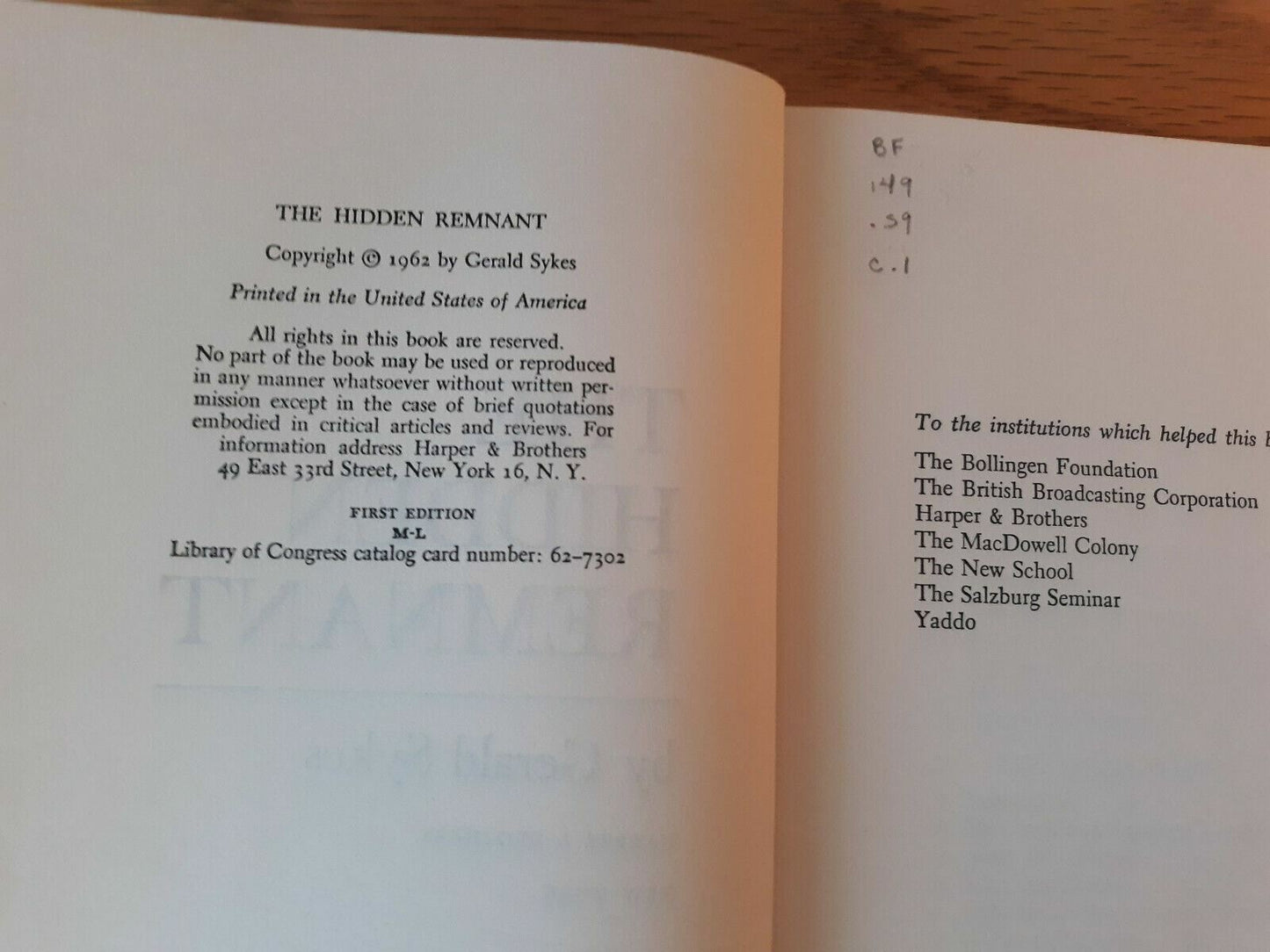 The Hidden Remnant by Gerald Sykes. Hardcover. 1962 1st Edition