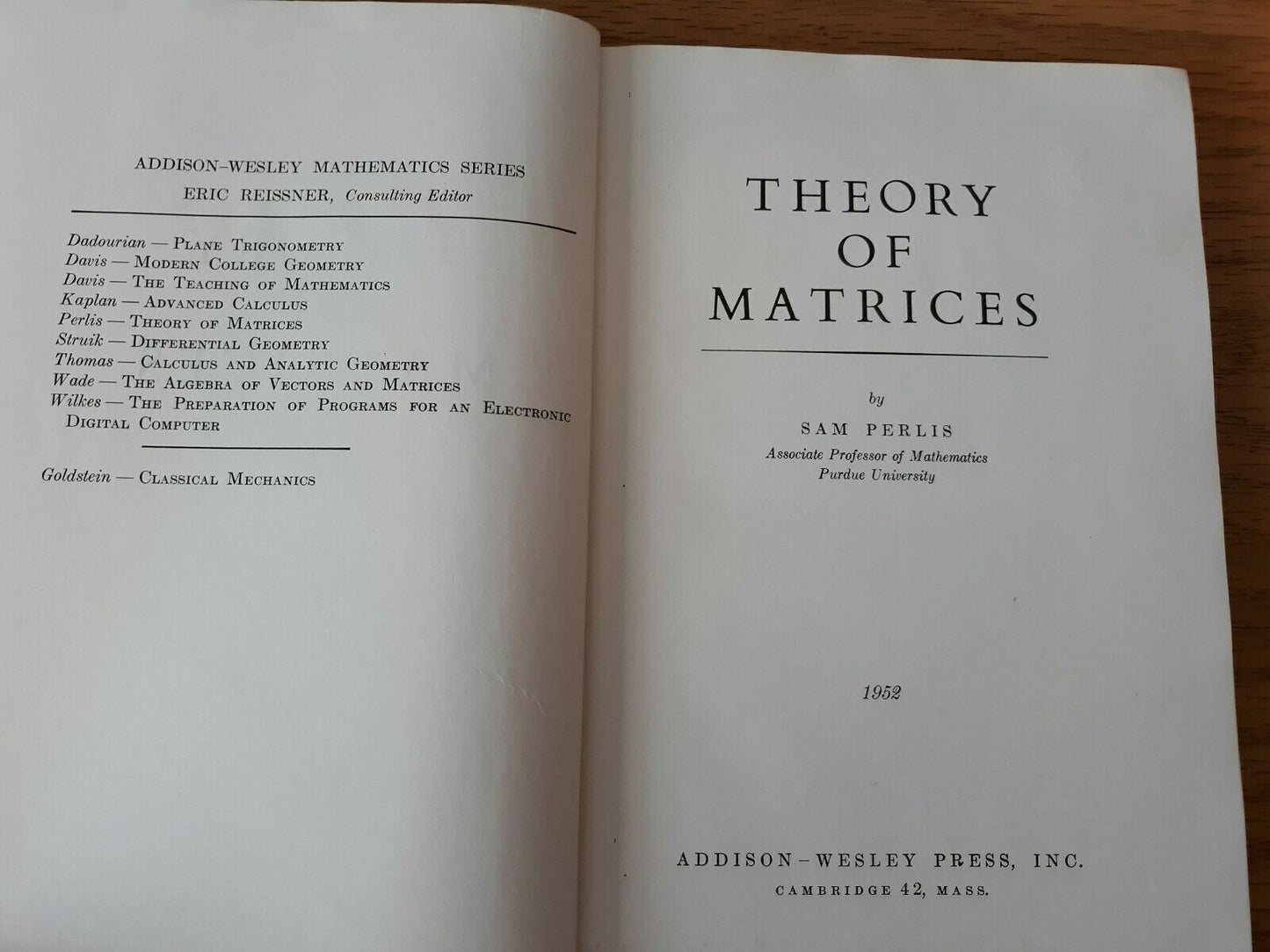 Theory Of Matrices Sam Perlis 1952 Addison-Wesley Press Hardcover