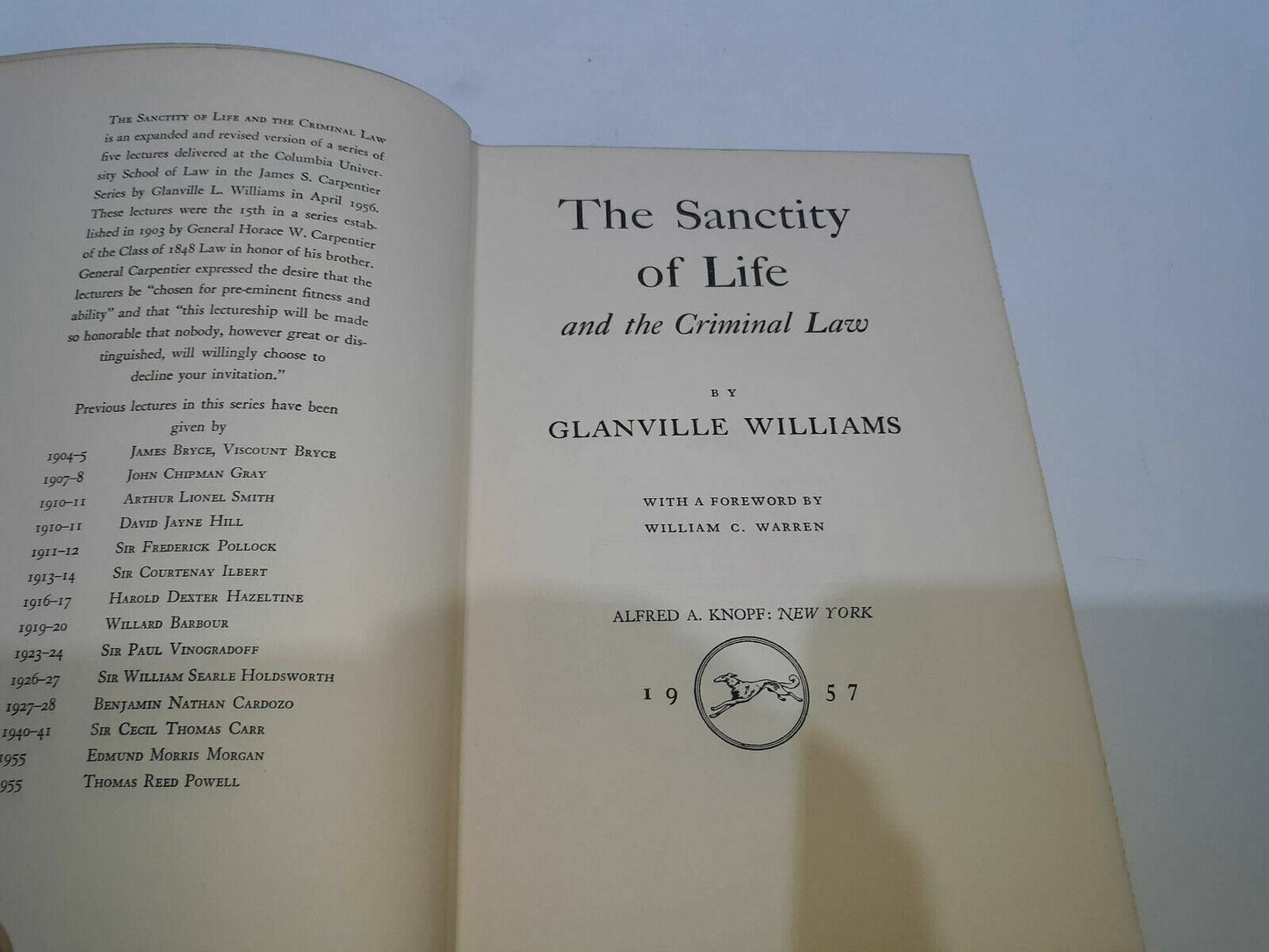 THE SANCTITY OF LIFE.: Glanville. WILLIAMS 1957 1st Edition HC Knopf