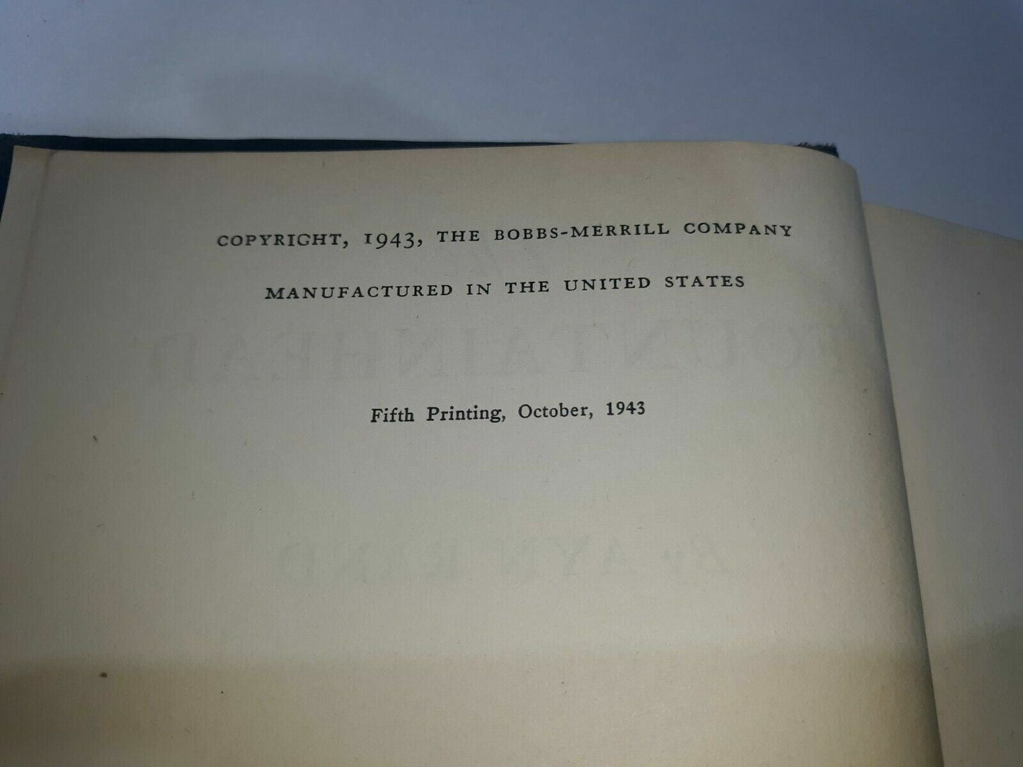 The Fountainhead By Ayn Rand Fifth (5th) Printing 1943