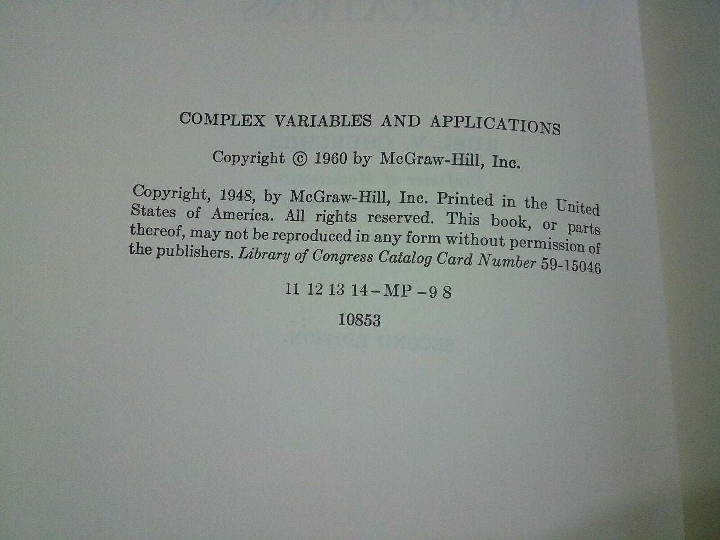 Vintage 1960 Complex Variables and Applications (2nd Ed) by Ruel V. Churchill Hb