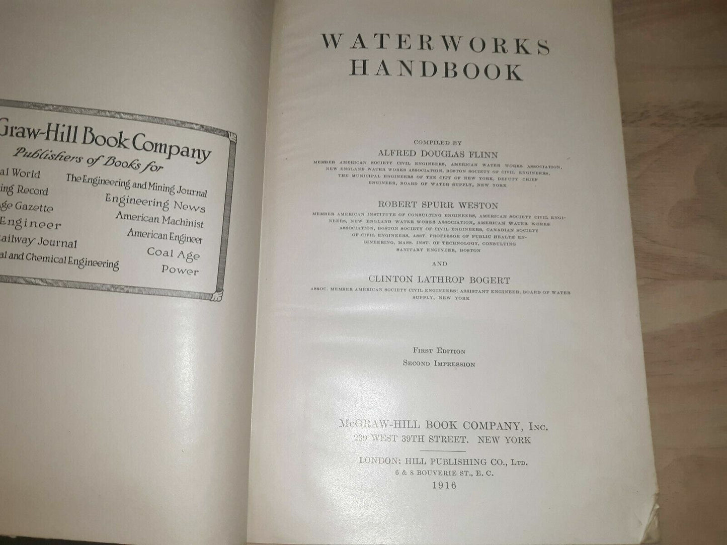 Waterworks Handbook Flinn Weston Bogert 1916 1st Edition 2nd Impression