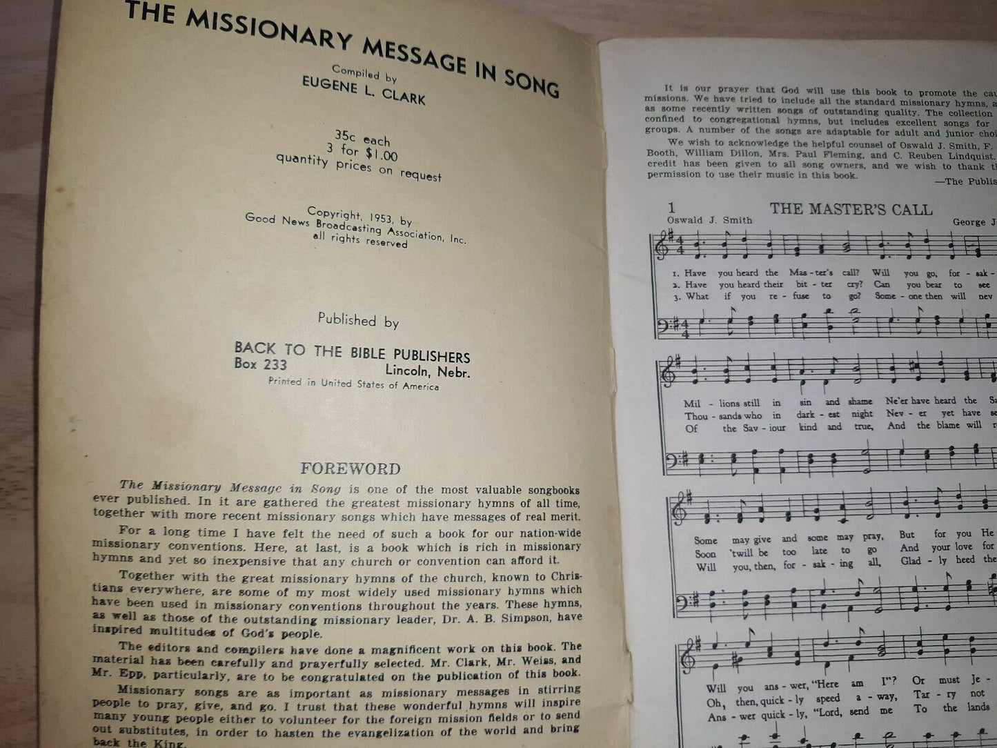 The Missionary Message in Song, Eugene L. Clark, 1953, PB