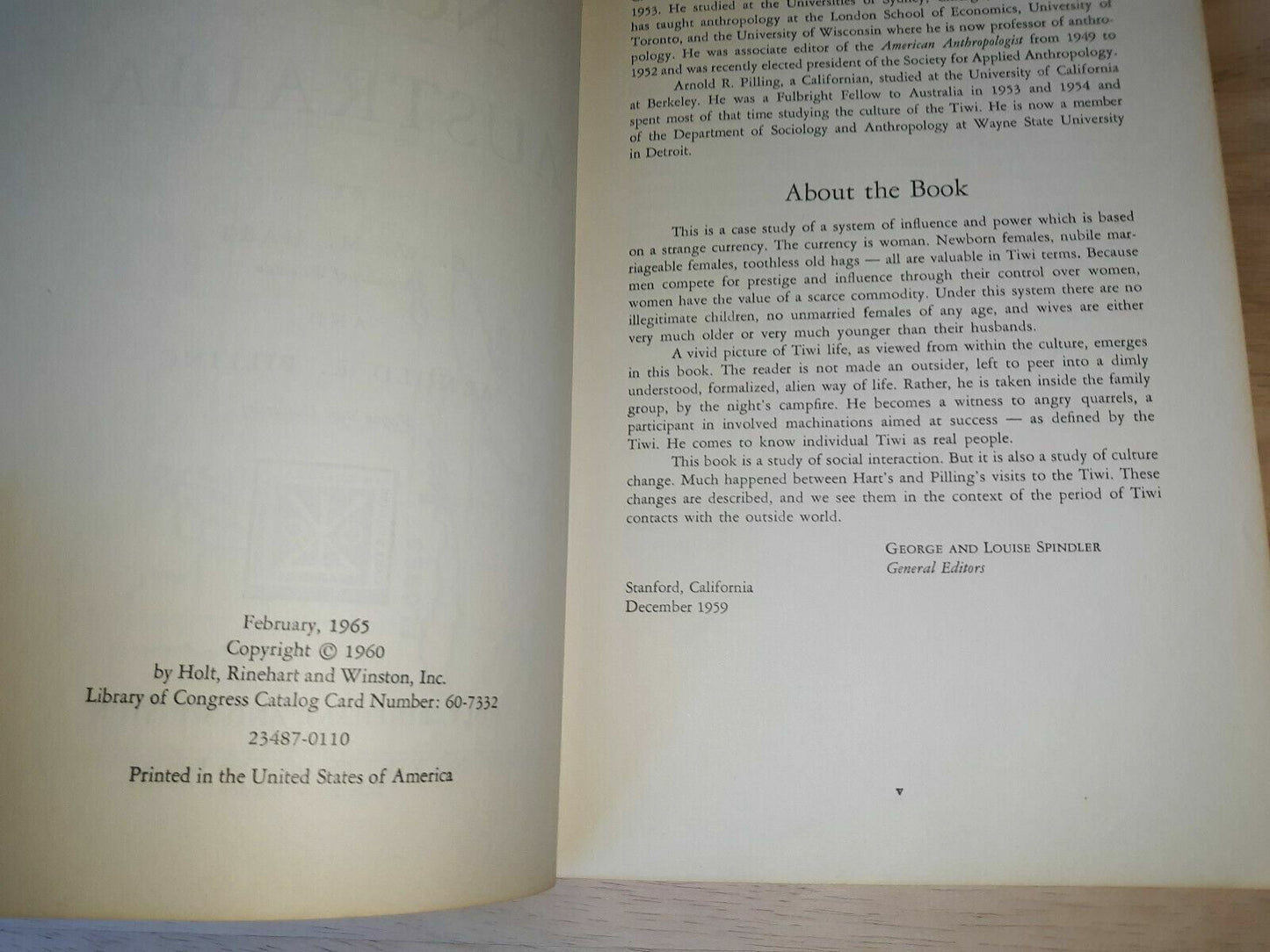 THE TIWI OF NORTH ASUTRALIA by HART & PILLING 1965 Paperback