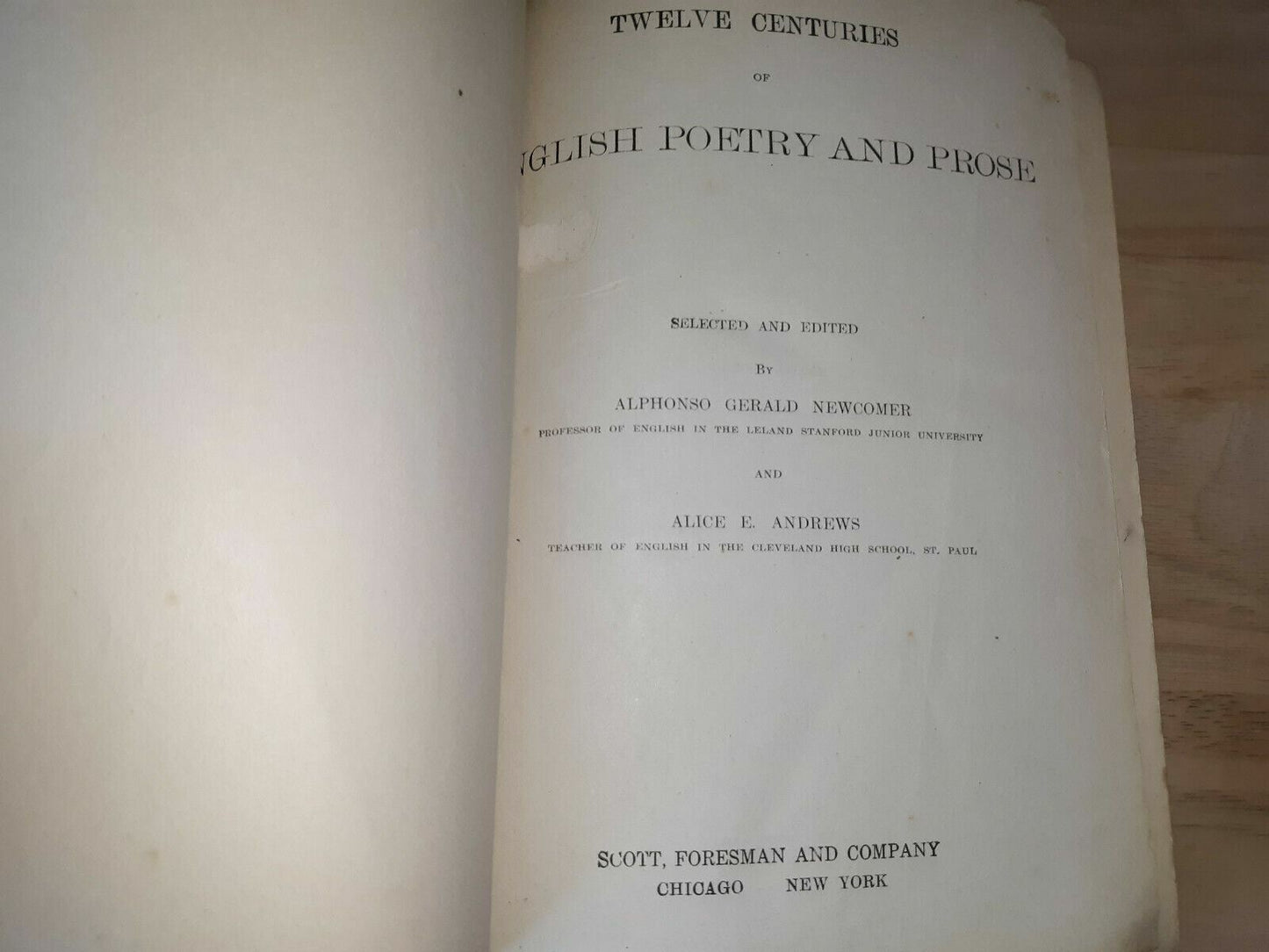 Twelve Centuries Of English Poetry And Prose Hardback 1910 Newcomer & Andrews