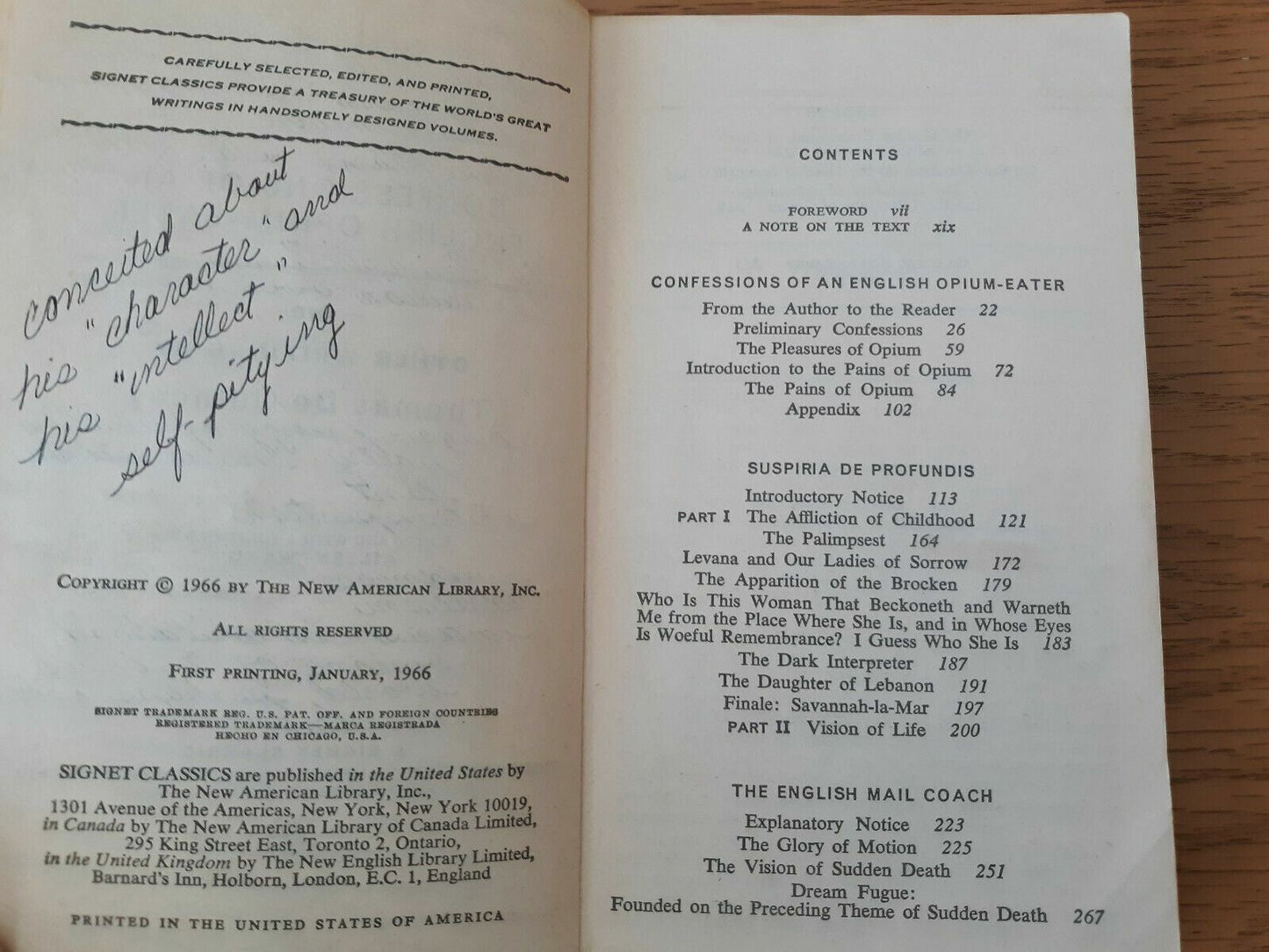 Thomas De Quincey Confessions of an English Opium Eater and Other Writings 1966