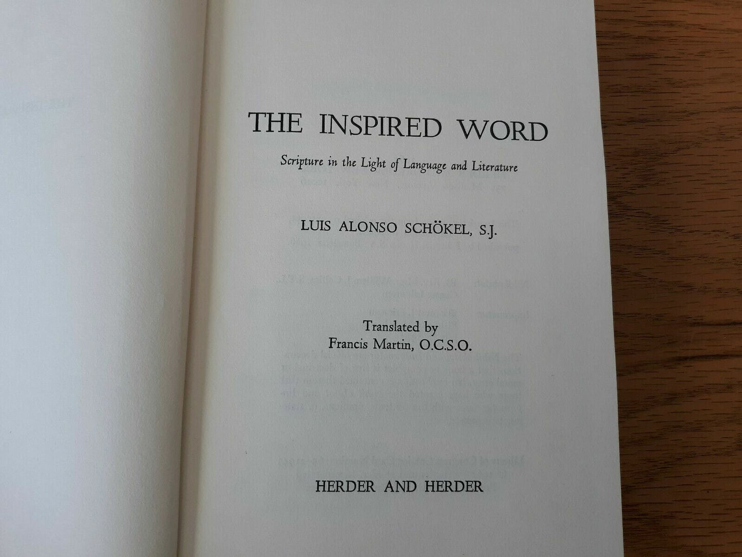 The Inspired Word Luis Alonso Schokel 1965 Hardcover Herder And Herder