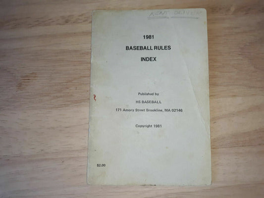 1981 Baseball Rules Index HS Baseball Brookline MA 02146