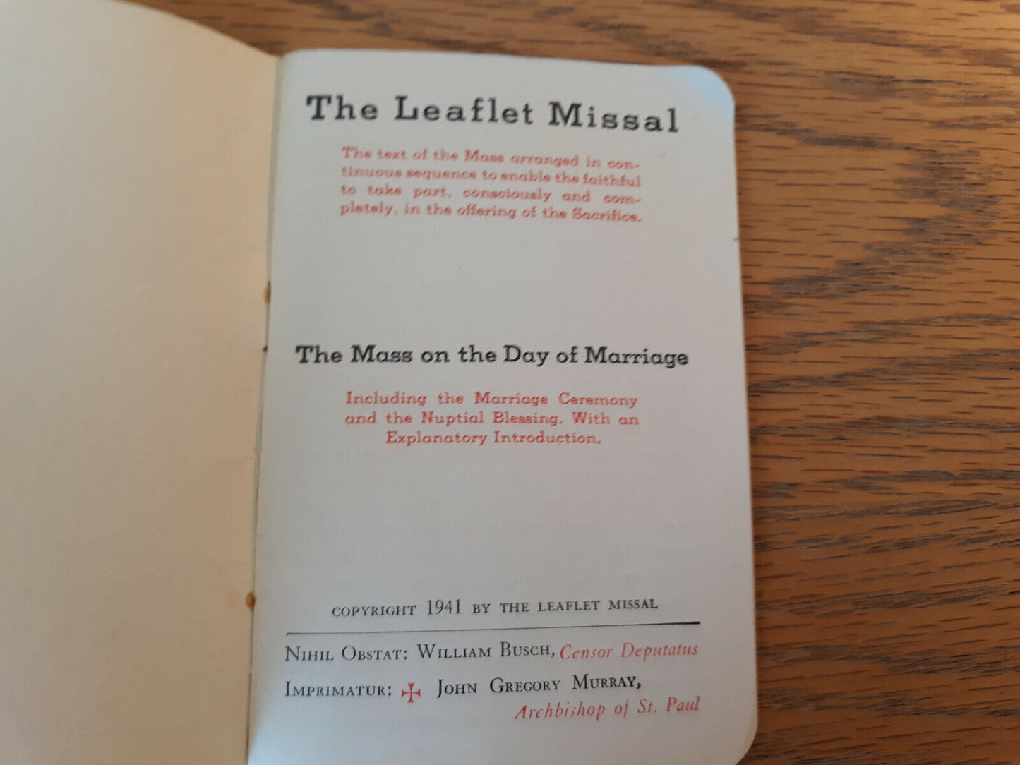 The Mass On The Day Of Marriage 1941 Leaflet Missal