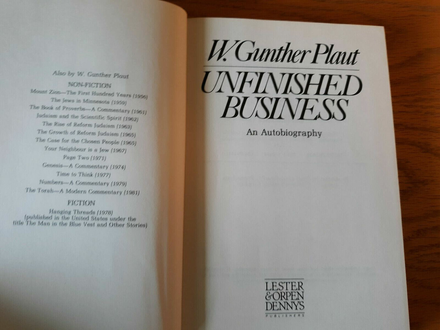 Unfinished Business: An Autobiography By W. Gunther Plaut Hardcover 1981