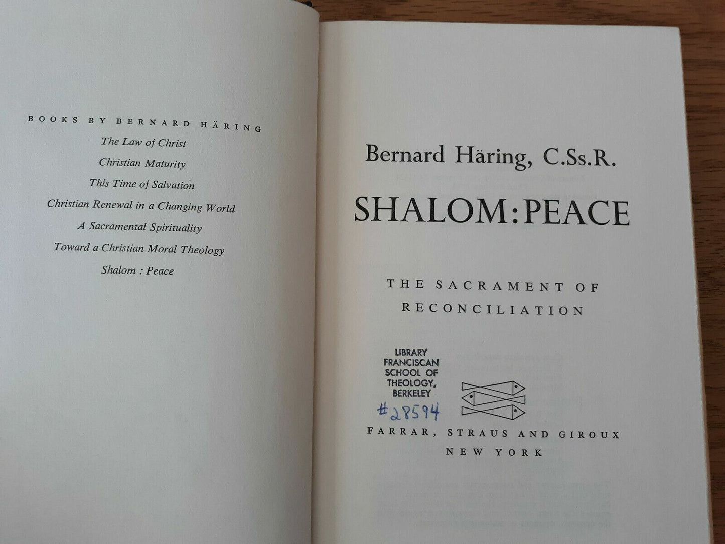 SHALOM: Peace; The Sacrament of Reconciliation - Bernard Haring, 1968, Catholic