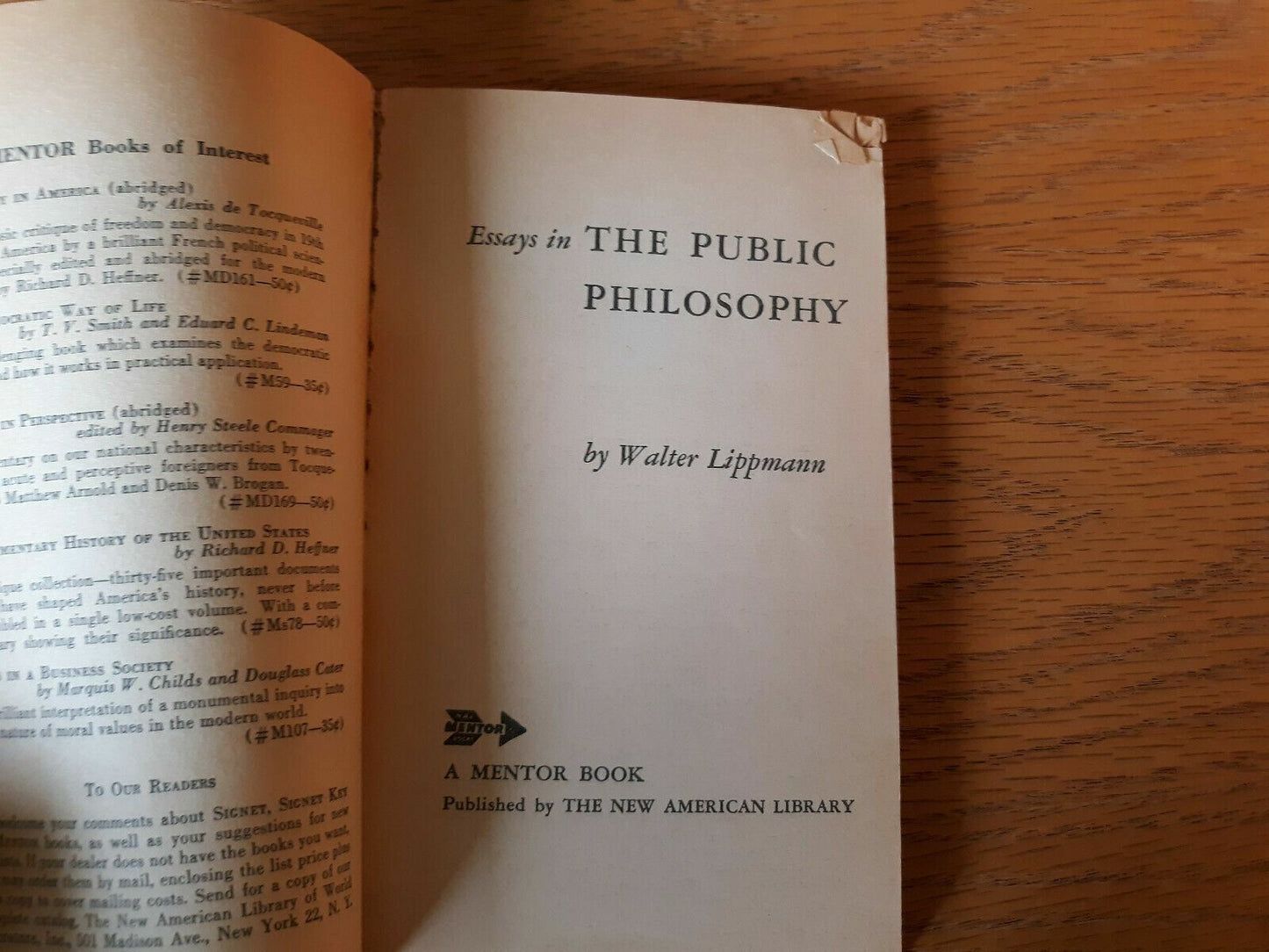 The Public Philosophy By Walter Lippmann, PB 1st Printing Mentor Book