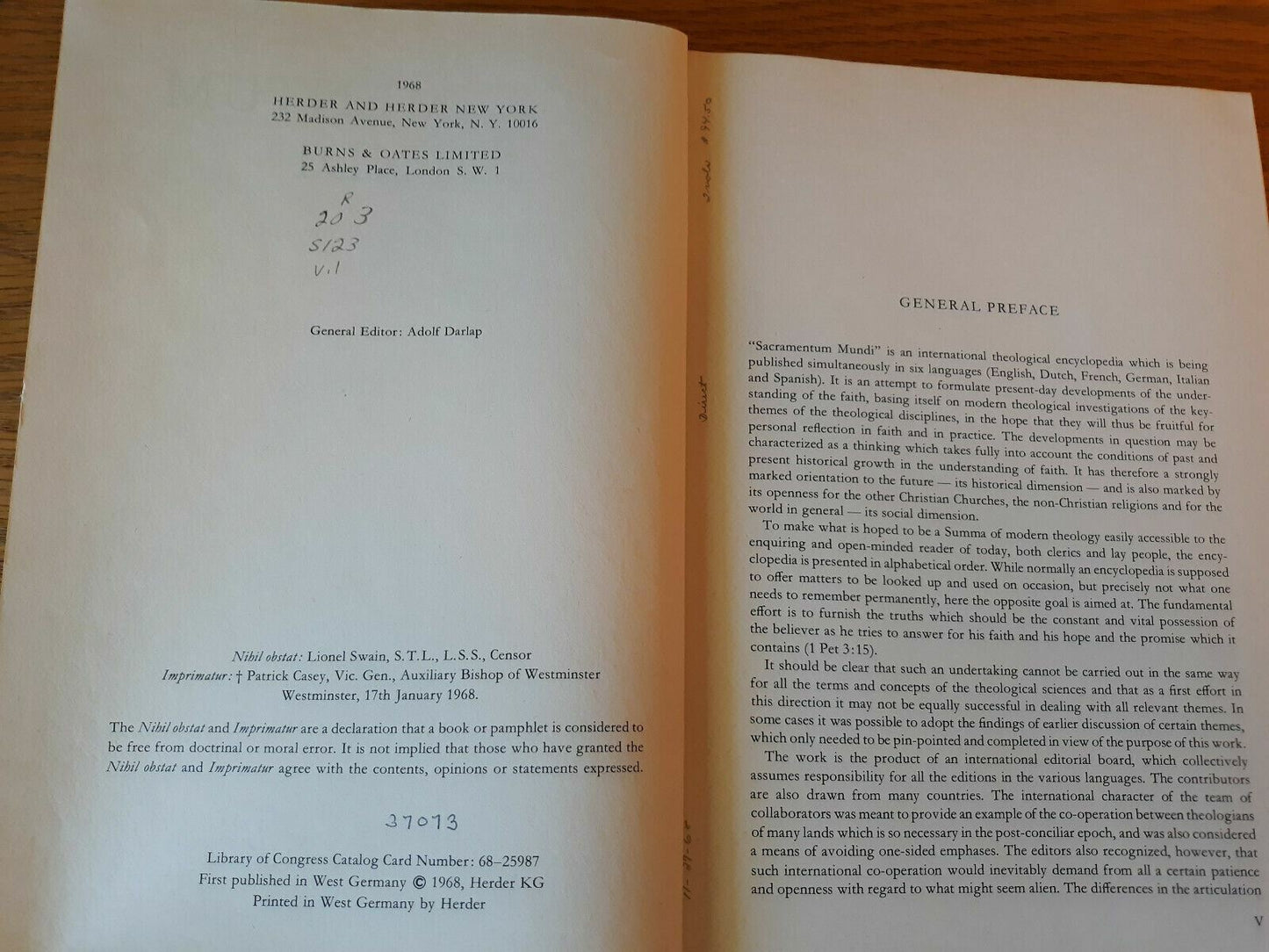 Sacramentum Mundi An Encyclopedia of Theology Herder and Herder Hardcover Vol 1B