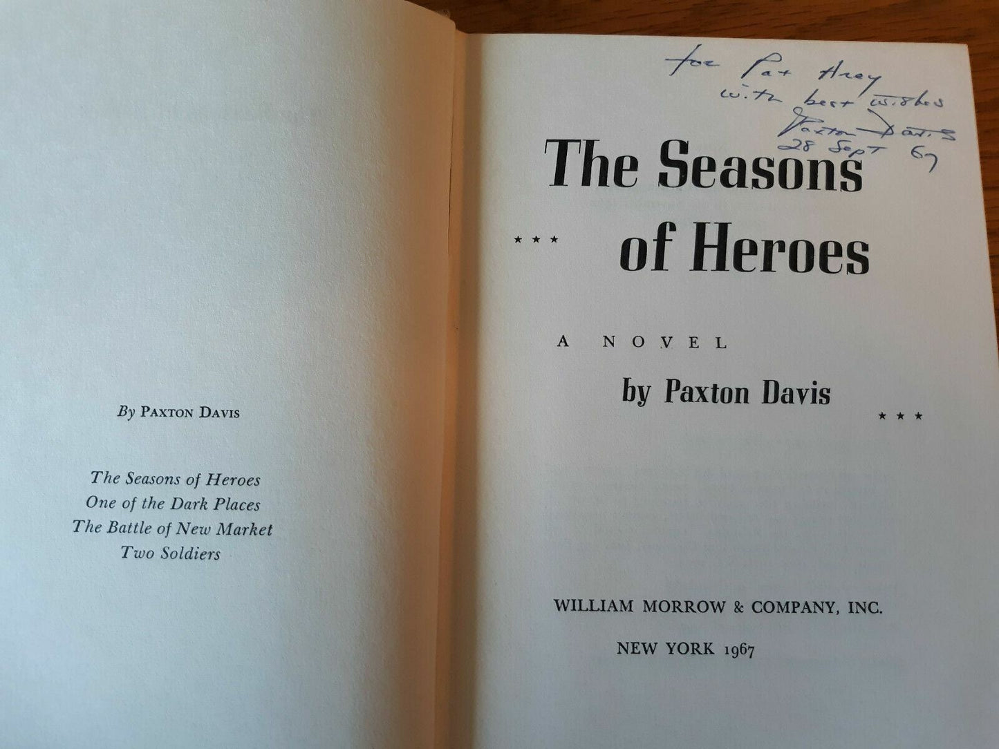 The Seasons Of Heroes Paxton Davis 1967 Hardcover Dust Jacket Inscribed