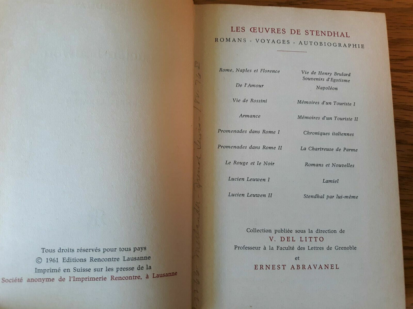 Stendhal Editions Rencontre 1961 French Hardcover Lucien Leuwen Tome I