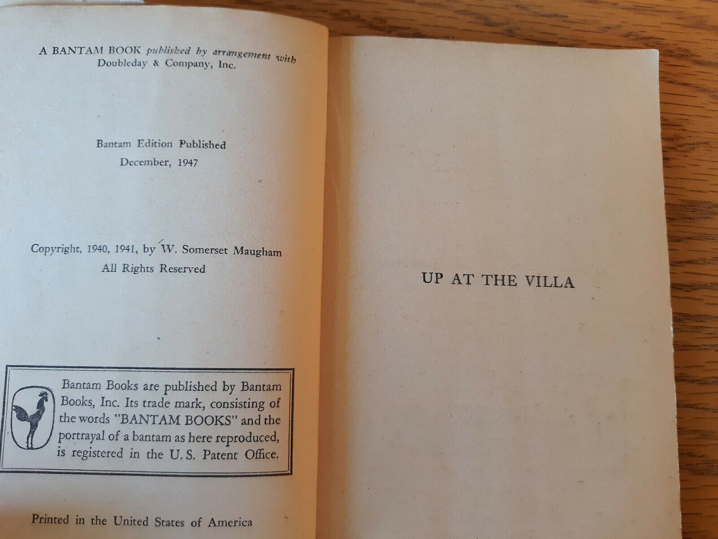 Up At The Villa W Somerset Maugham 1947 Bantam Book Paperback