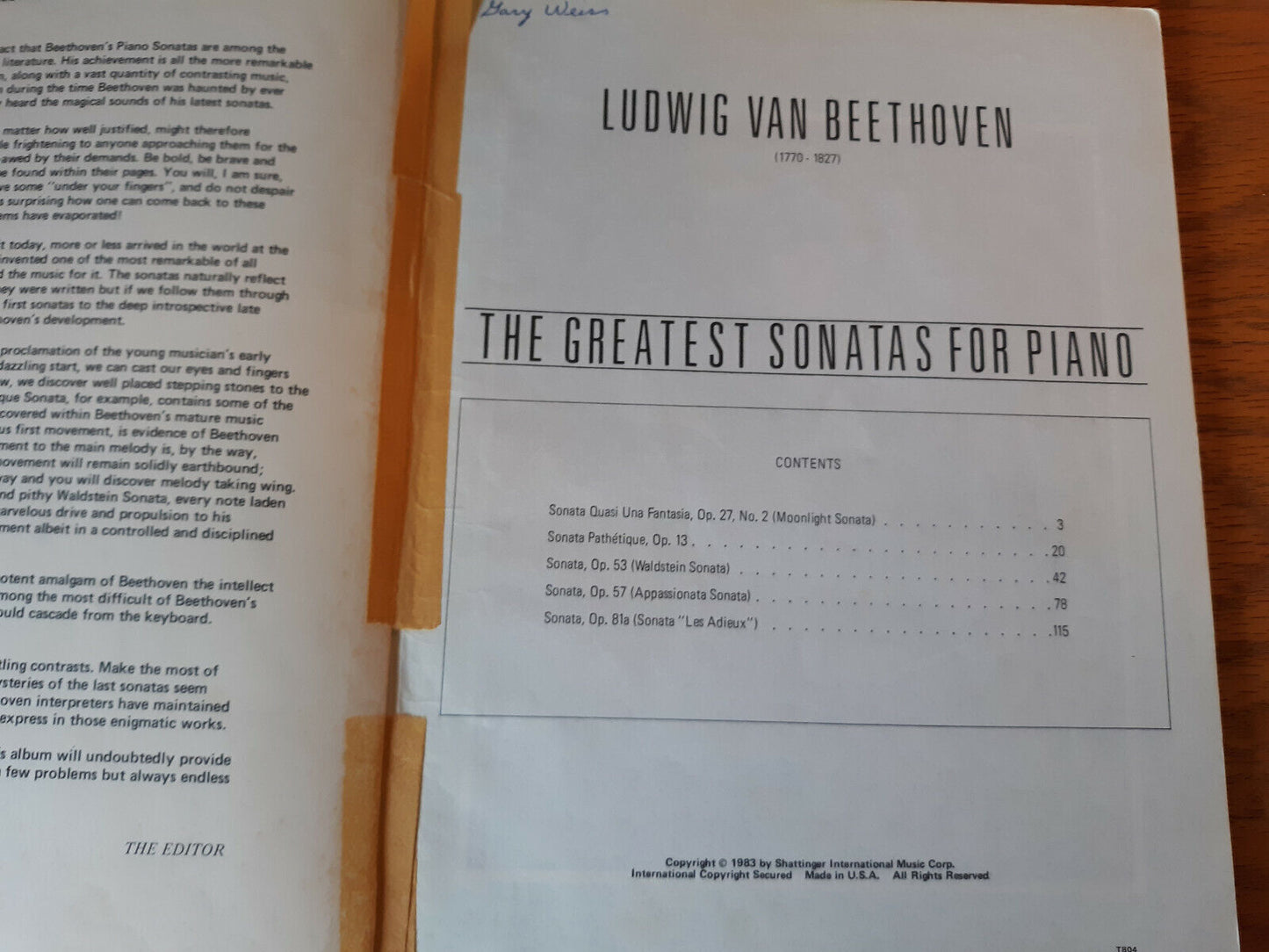 The Greatest Beethoven Sonatas For Piano 1983 Sheet Music Shattinger Internation