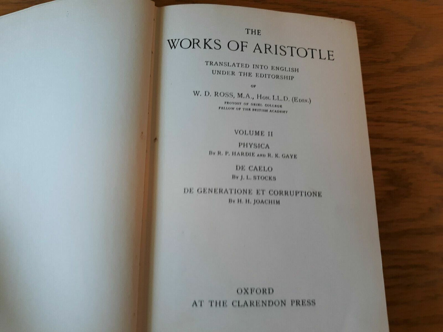 The Works Of Aristotle Sir David Ross Volume II 1953 Physica De Caelo