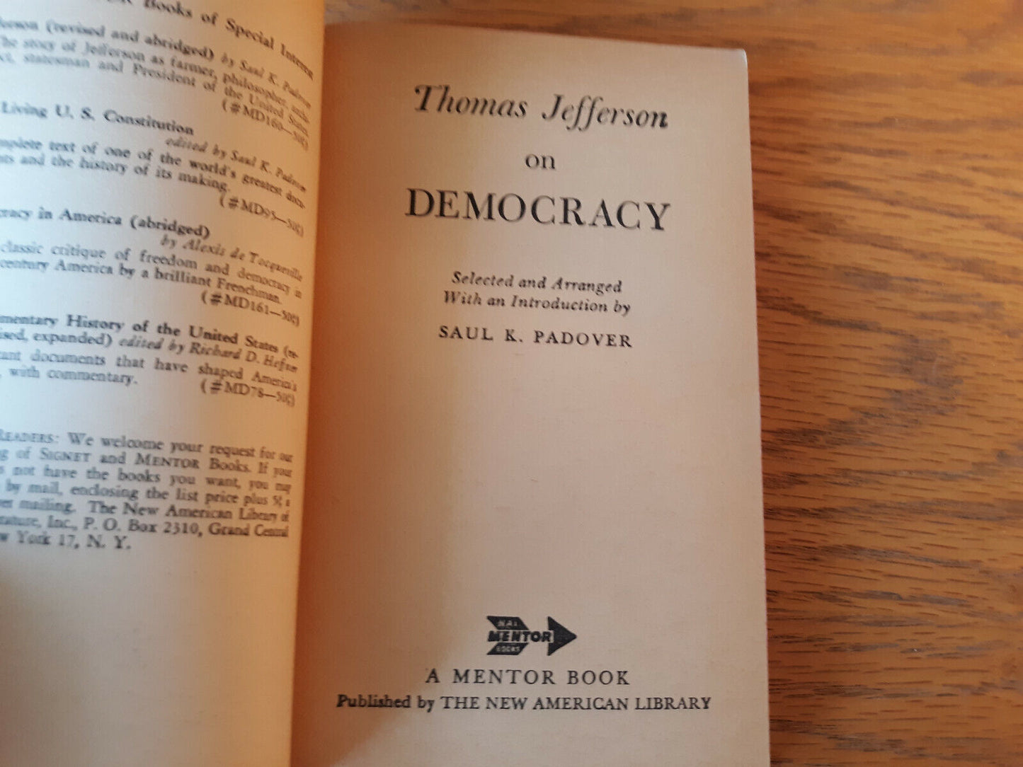 Thomas Jefferson On Democracy 1960 Paperback Saul K Padover Mentor Book