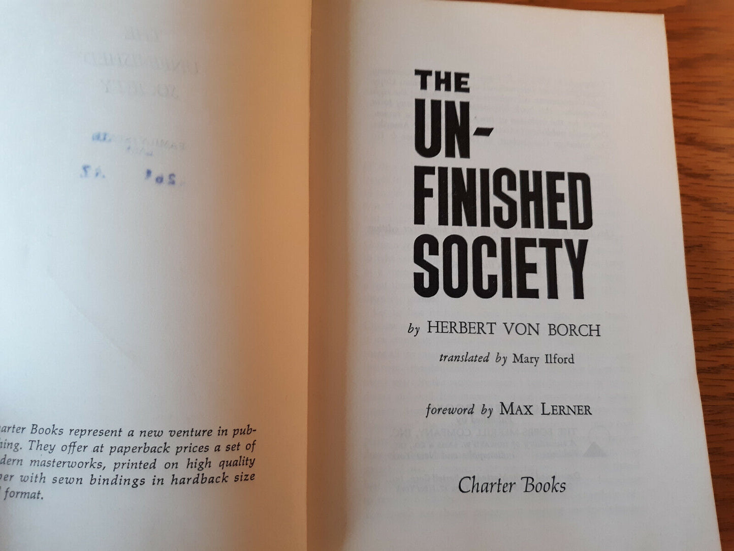 The Unfinished Society Herbert Von Borch 1963 Paperback Charter Books