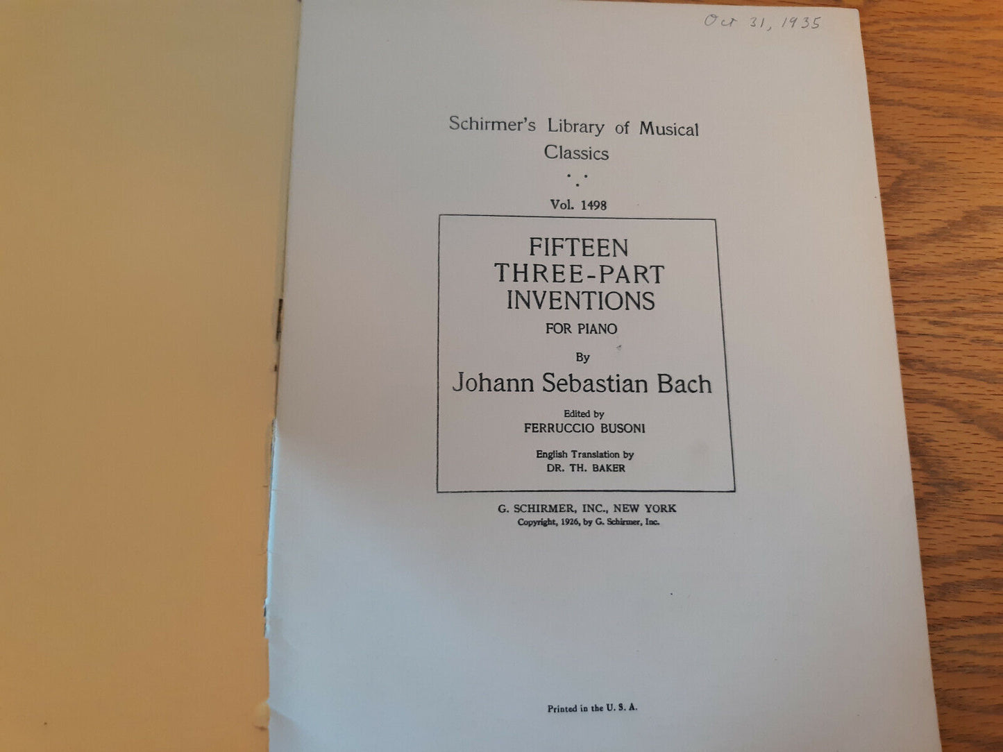 Fifteen Three-Parts Inventions For Piano Johann Sebastian Bach 1926 Music