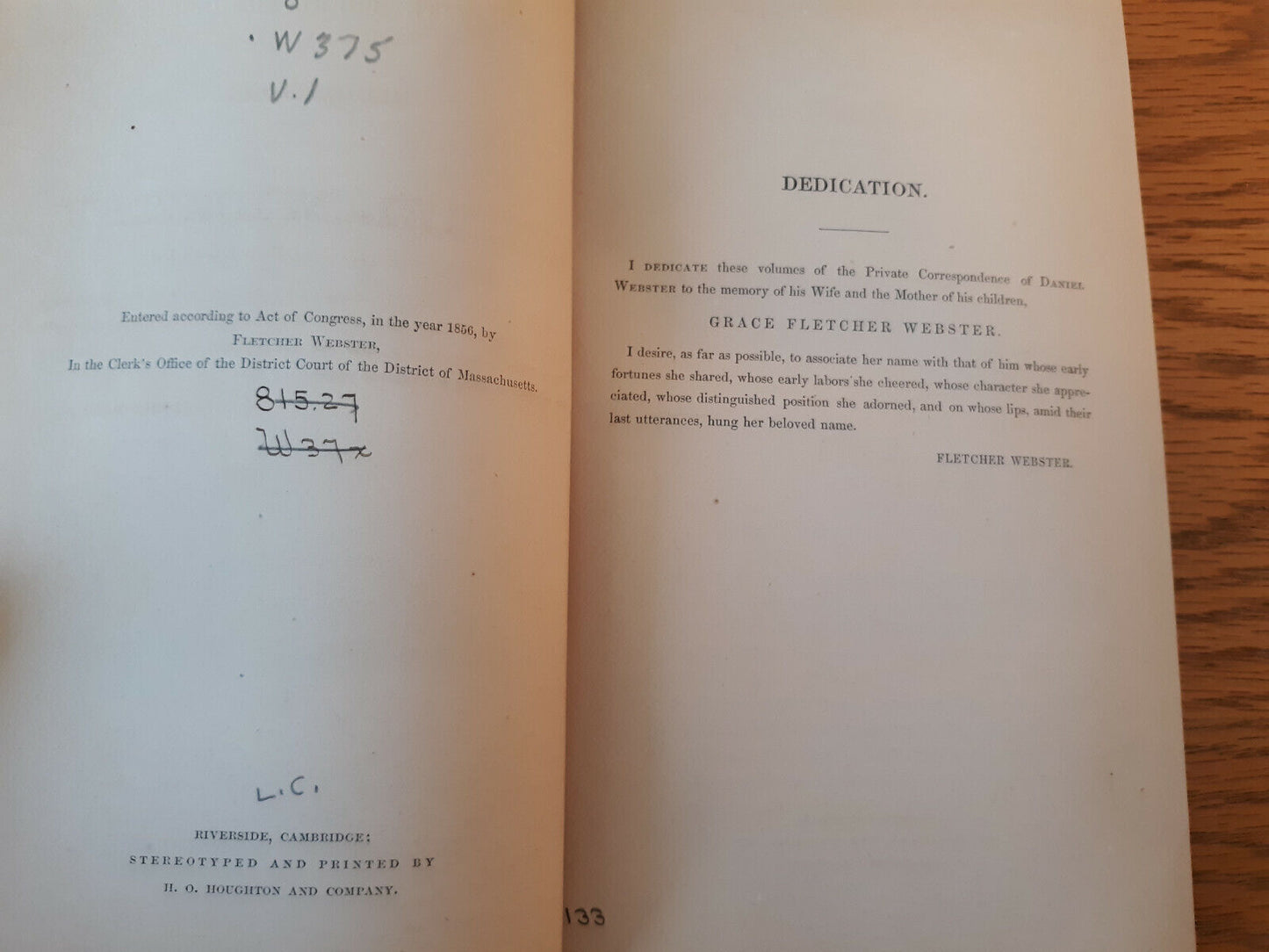 The Private Correspondence Of Daniel Webster Volume I 1857 Hardcover Little, Bro