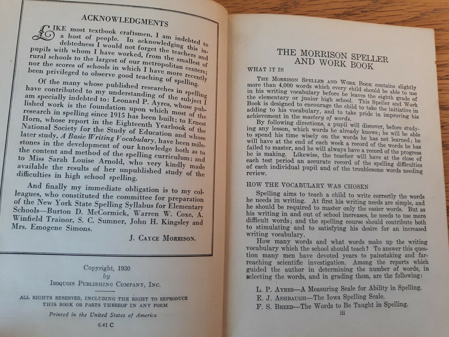 The Morrison Speller And Work Book J Cayce Morrison 1930 Hardcover Iroquois