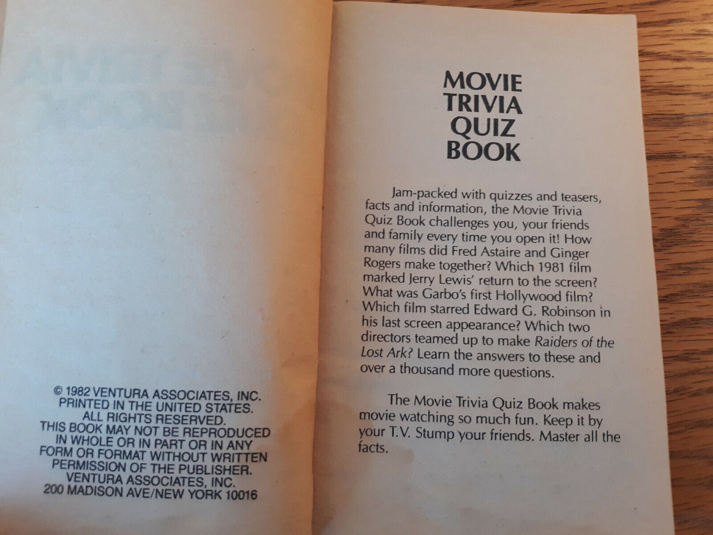 Movie Trivia Quiz Book 1982 Ventura Associates Paperback