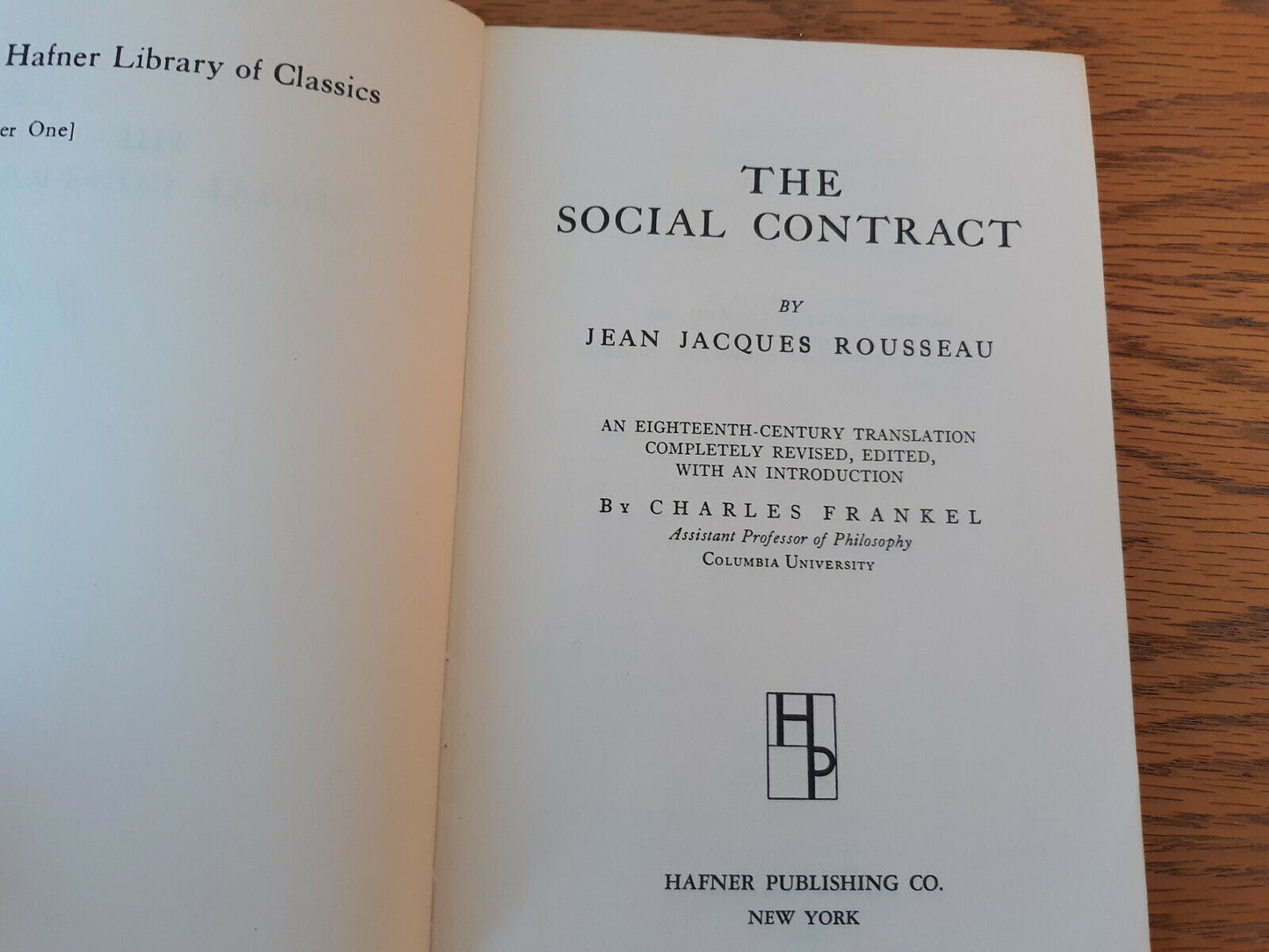 The Social Contract Jean Jacques Rousseau 1947 Hafner Paperback