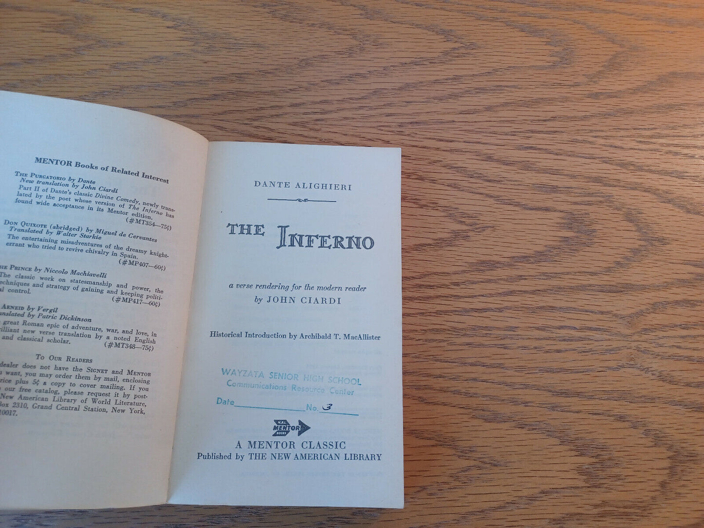 The Inferno Dante's Immortal Drama John Ciardi 1964 New American Library Mentor