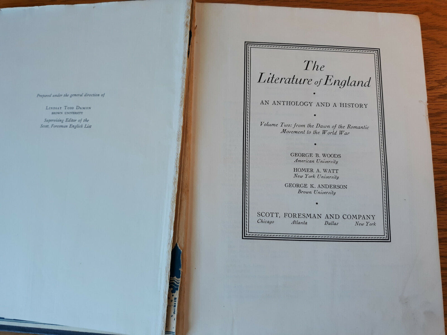 The Literature Of England Volume Two George B Woods 1936 Hardcover Scott, Foresm