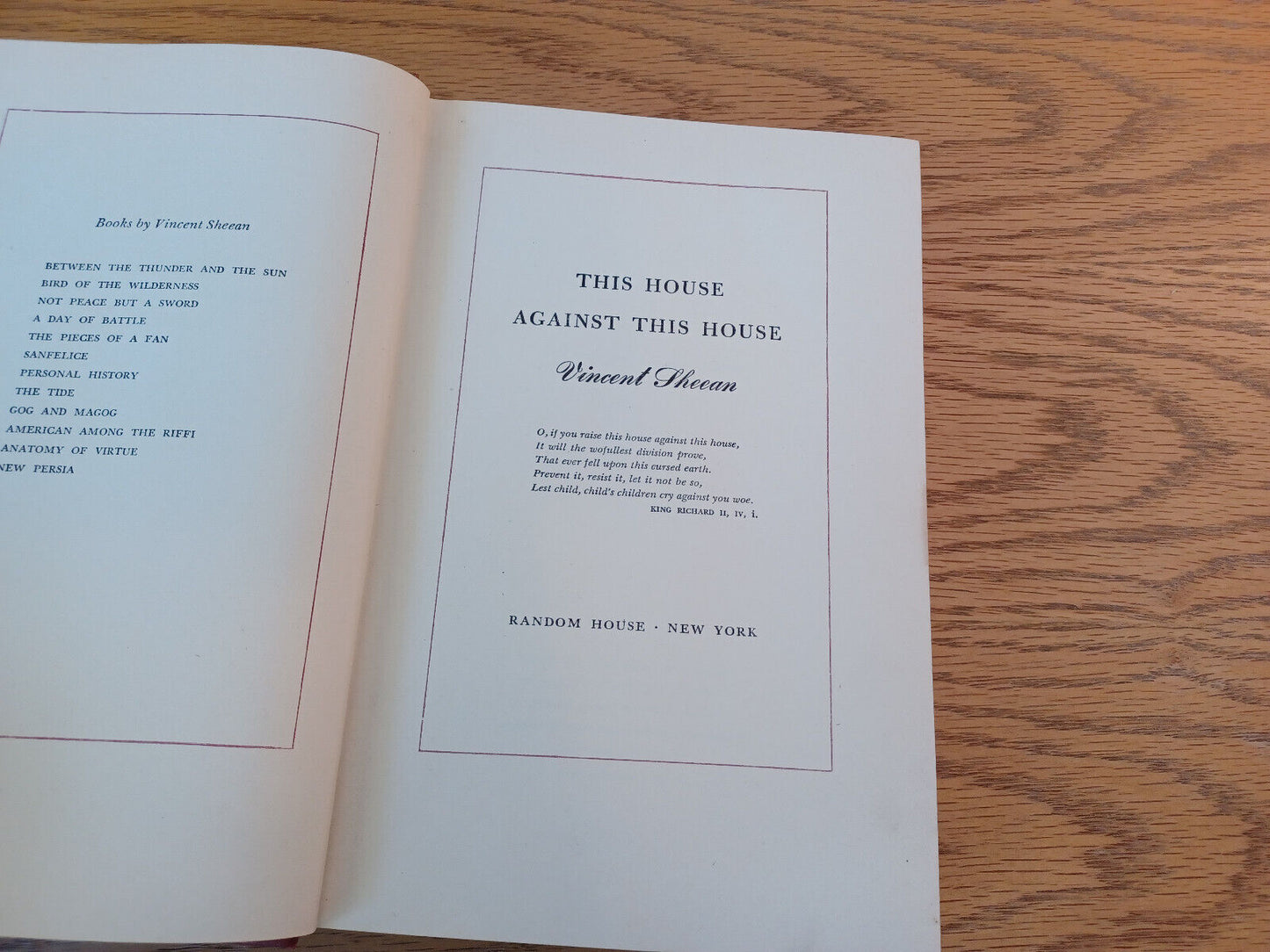 This House Against This House Vincent Sheean 1946 Random House Hardcover Dust Ja